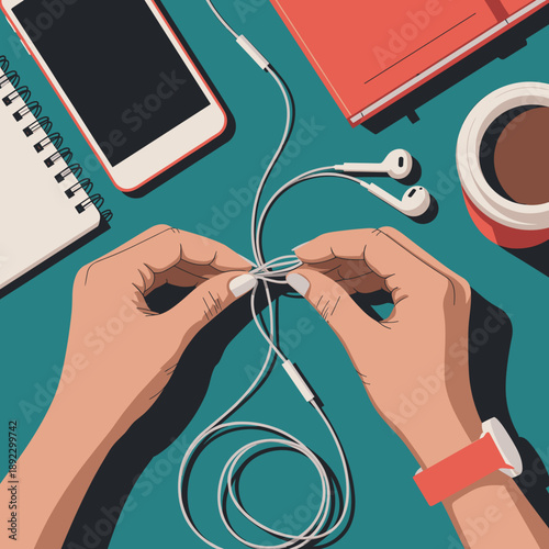 Woman untangling earphones while sitting at desk with smartphone and notebook  