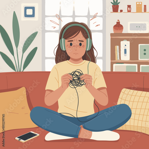 Teenage girl looking frustrated while untangling earphones at home  