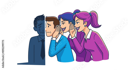 Two women whisper intently to a man, whose anxious expression and shadowed, sad reflection reveal the distressing impact of rumors and workplace gossip.