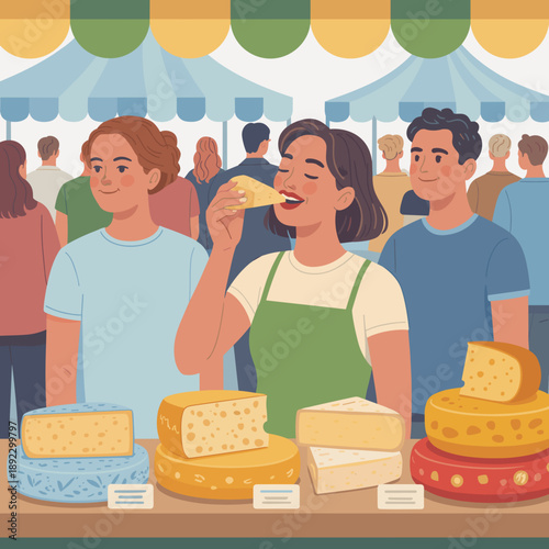 Young woman tasting cheese at food market with friends in summer  