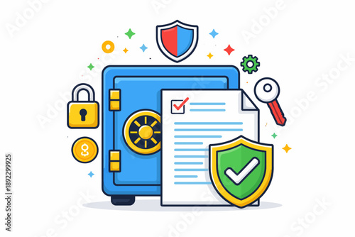 Secure vault and document with checklist and shield icons for data protection concept