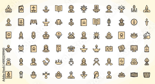Intricate Collection of Hindu Religious and Spiritual Outline Icons on a Gradient Background, Illustrating Diverse Cultural Elements and Deity Representations in a Modern Minimalist Style
