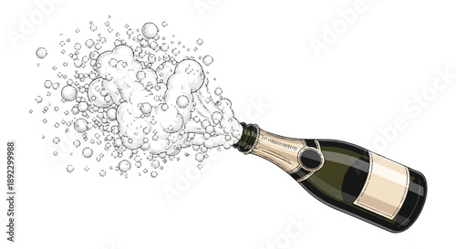 Close Up Champagne Bottle Popping with Dramatic White Bubbles and Foam for New Year Celebration