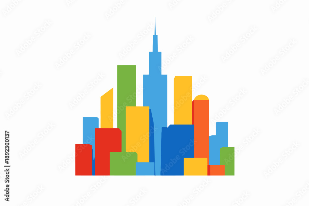Obraz premium Colorful geometric cityscape with vibrant skyscrapers against white background