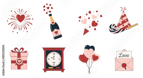 A collection of festive icons including heart fireworks, champagne, party items, a gift, a clock, balloons, and a love letter.