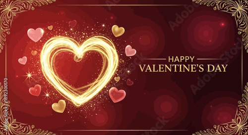 A romantic red background with a glowing golden heart and "Happy Valentine's Day" text, adorned with elegant golden borders and sparkling effects.