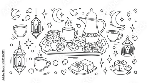 Festive Gathering: An inviting scene of treats and beverages, elegantly laid out on a tray with festive embellishments. A celebration of togetherness and tradition. 