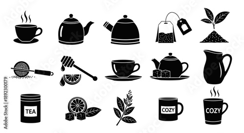 A collection of black and white icons illustrating various elements and accessories associated with tea preparation and enjoyment, including cups, teapots, strainers, and ingredients.