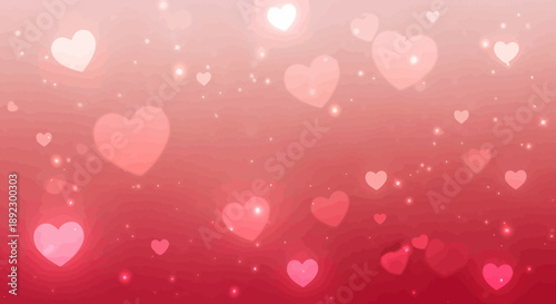 A romantic background featuring numerous glowing pink and red hearts floating upwards with sparkling light effects on a gradient backdrop.