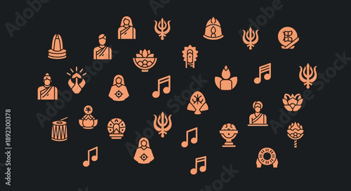 A collection of golden-brown icons representing various aspects of Indian culture, religion, and spirituality on a dark background.