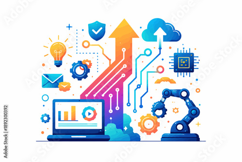 Automation and technology concept with robotics and cloud computing elements