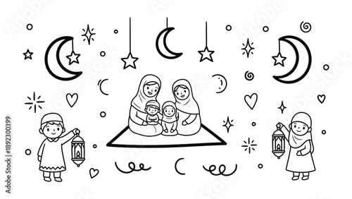 Family Togetherness and Islamic Celebration: An artistic illustration of a family surrounded by traditional Islamic symbols.