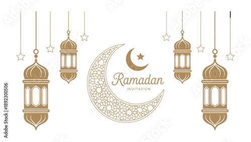 Ramadan Lanterns Illustration: Illuminated lanterns, suspended from above, frame a crescent moon and star, symbolizing the spiritual essence of Ramadan.