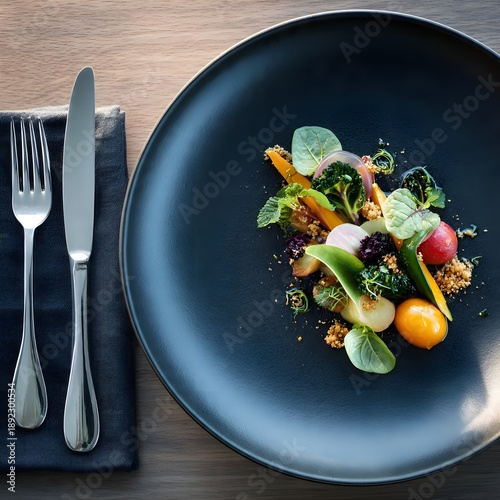 Fine Dining Vegetable Salad with Edible Flowers and Microgreens
