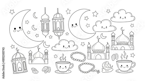 Muslim-Themed Cartoon: A collection of charming cartoon illustrations, including crescent moons, lanterns, mosques, and coffee cups. This image encapsulates the essence of the culture