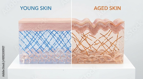 Young and Aged Skin Anatomy with Collagen and Elastin Fibers