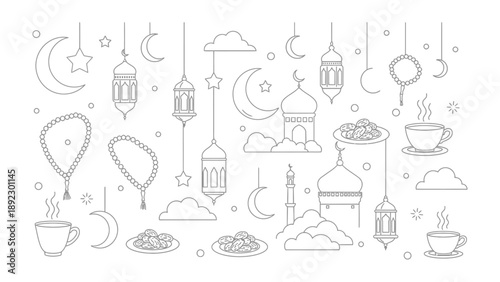 Ramadan Icons: Delicate line art evokes the spirit of Ramadan, featuring traditional lanterns, crescents, stars, and architectural elements, complemented by coffee and dates.
