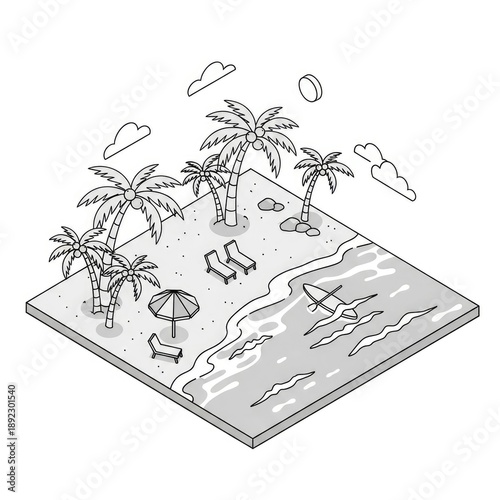 Isometric illustration of a serene tropical beach scene with palm trees and beach accessories.