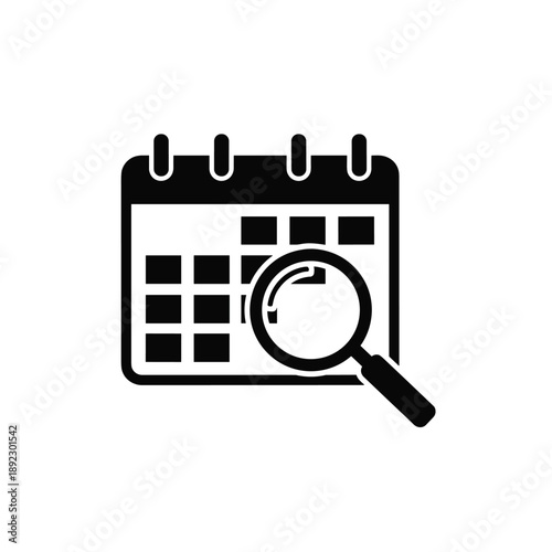 Black calendar icon with magnifying glass on white background vector