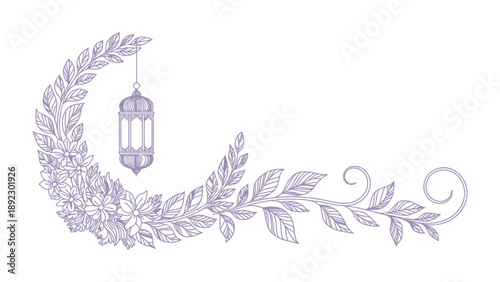 Lunar Lantern: An artistic depiction of a crescent moon formed by delicate floral arrangements, with a hanging lantern in a soft, dreamy style. 