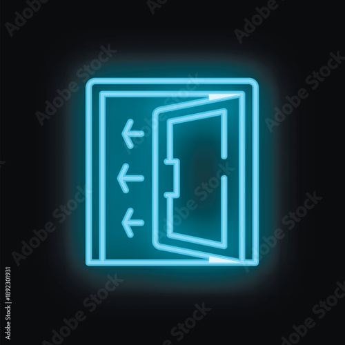 Neon blue emergency exit sign with arrows pointing the way out of a dark place