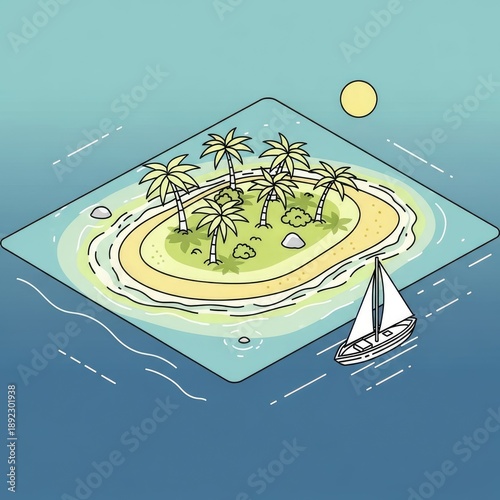 Tropical island with palm trees and sailboat in the ocean.
