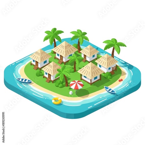 Tropical Island Getaway with Beach Houses and Palm Trees.