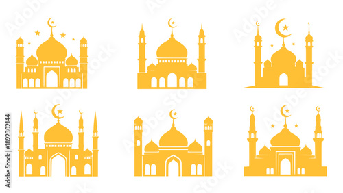 Set of golden mosque silhouette illustrations with crescent moon, representing Ramadan Kareem themes for luxury Islamic designs and greetings.