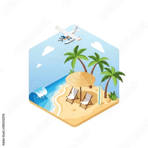 Tropical beach scene with lounge chairs and palm trees in a 3D isometric illustration.