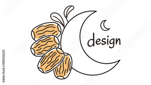 Date Design: A stylized design featuring dates, a crescent moon, and the word design. An illustration that captures the essence of this fruit.