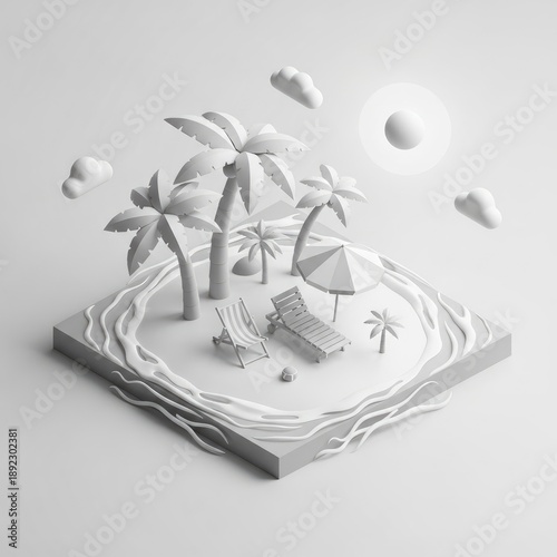 3D rendering of a serene beach scene with palm trees and lounge chairs.