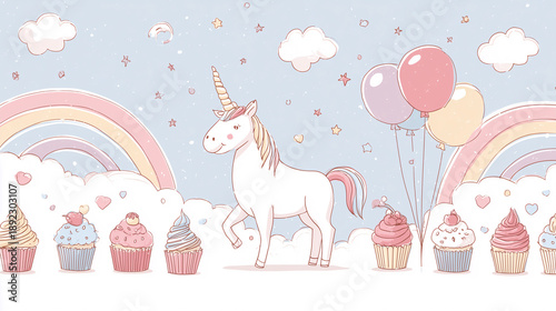 Cute Unicorn Birthday Party with Cupcakes, Balloons, and Rainbow – Pastel Fantasy Illustration