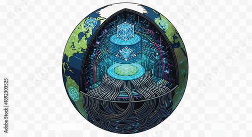 Futuristic 3D Digital Earth Globe with Inner Core Circuitry and Big Data Infrastructure Representing Global Network Technology.