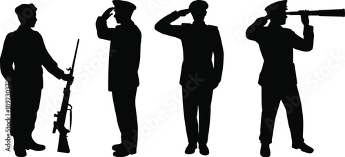 Black silhouette of military officers, soldier with rifle, navy captains saluting, and commander looking through a telescope on white background.