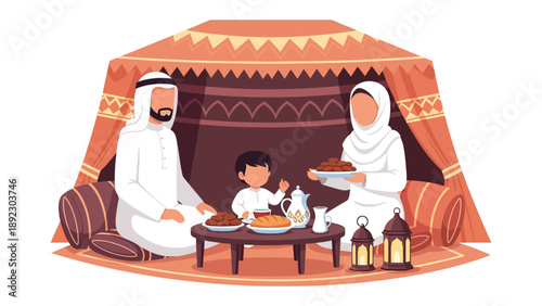 Arab Family Gathering: A family shares a warm meal together inside a traditional tent. The scene is full of love and togetherness. 