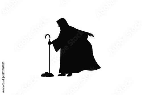 Elderly man with walking stick silhouette wise old person walking alone on white background