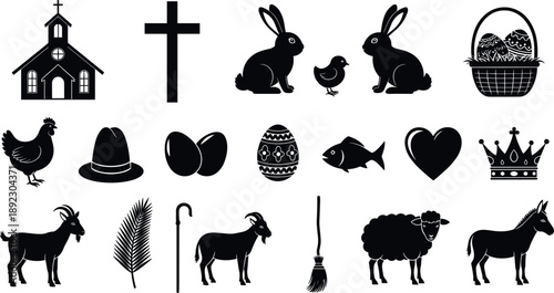 Biblical and Easter symbols silhouettes collection featuring church, cross, rabbits, eggs, lamb, fish, crown, palm leaf, traditional Christian religious icons isolated on white background