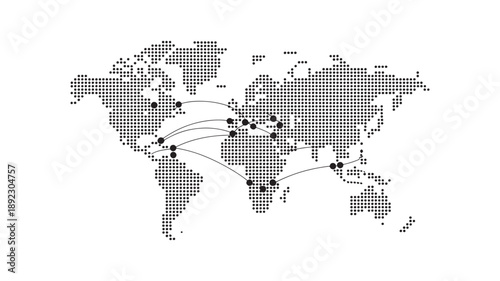 Pixelated World Map with Global Connection Lines and Destination Points for Logistics and Networking