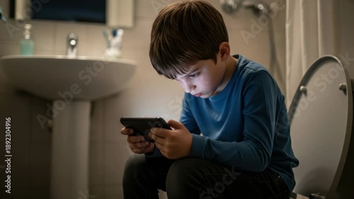 Young boy engrossed in smartphone while sitting on toilet in bathroom