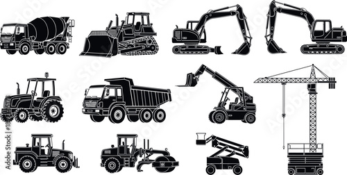 Construction Machinery Silhouettes Set Featuring Excavator Bulldozer Crane Dump Truck Tractor Concrete Mixer and Heavy Equipment Icons Isolated on White Background
