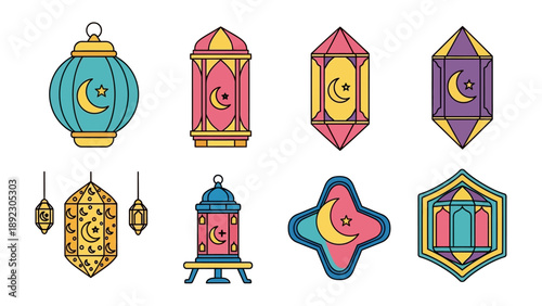 Artistic Lantern Collection: Captivating collection of stylized lanterns, each a unique piece of art, showcasing intricate designs, vibrant colors, and celestial motifs. Ideal for decor.