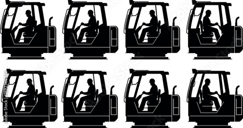 Construction vehicle operator silhouette collection showing heavy machinery cabins with drivers at work, industrial equipment control scenes, black and white vector illustration set