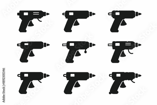 Nine black silhouette glue guns on white background