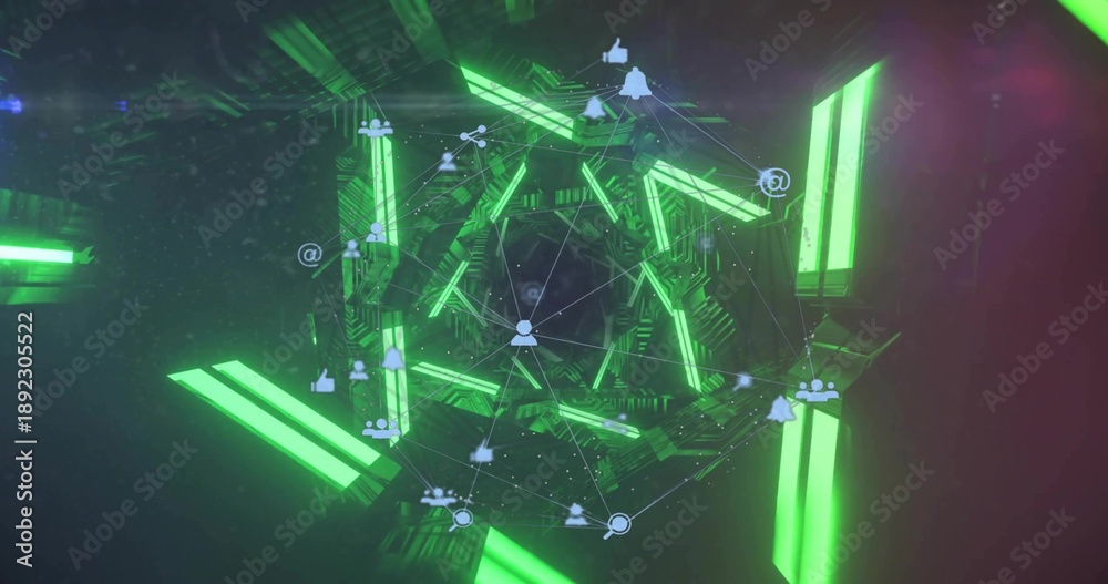 Fototapeta premium Glowing hexagon tunnel pulsing toward center void in cyberspace, with network nodes, neon icons