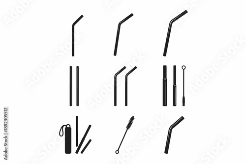 Set of black reusable metal straws with cleaning brushes