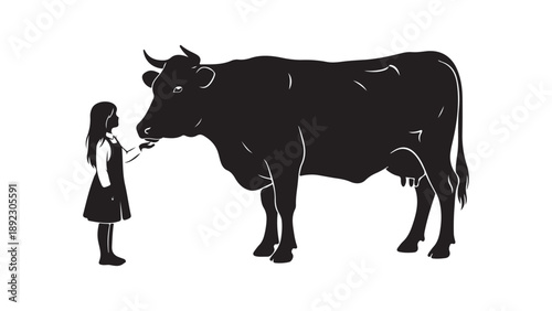 Black Cow and Girl Silhouette Flat Design Vector Illustration for Kids and Farm Theme
