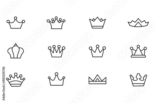 Doodle crowns. Line art king or queen crown sketch, fellow crowned heads tiara, beautiful diadem and luxurious decals vector illustration set. Royal head accessories linear collection