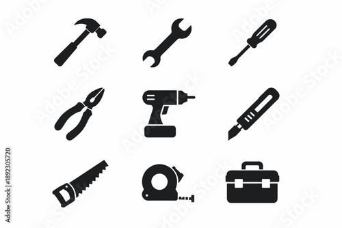 Set of black tool icons including hammer, wrench, screwdriver, pliers, drill, cutter