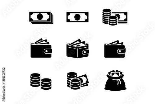 Black and white money icons: wallets, cash, coins, and bag illustrations