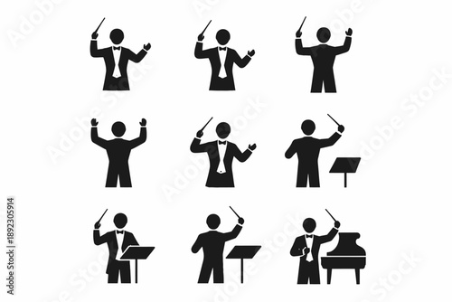 Silhouette icons of orchestra conductors in various poses with musical instruments